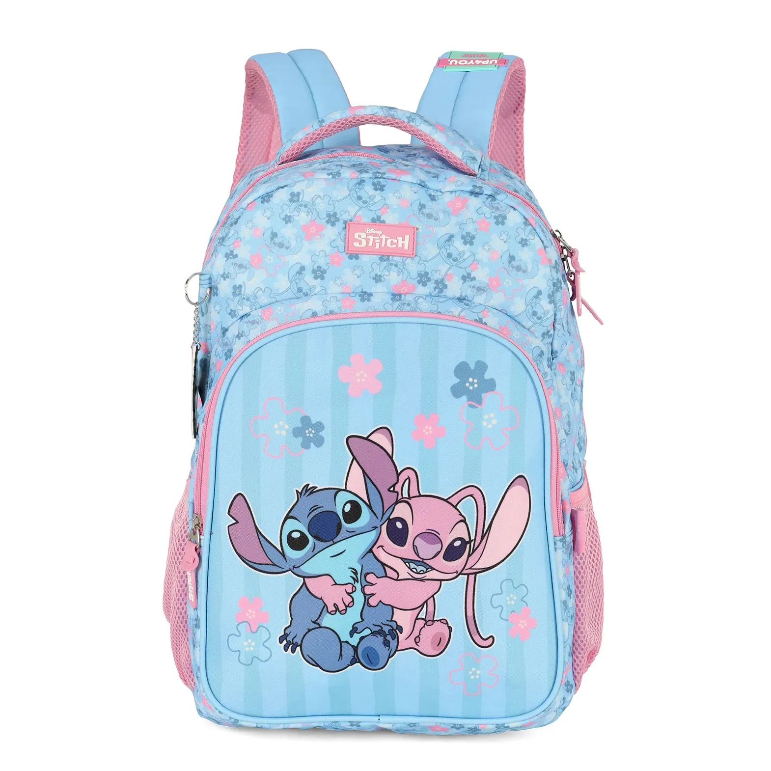 Mochila infantil Luxcel Stitch azul claro com detalhes em rosa, estampa dos personagens Stitch e Angel na frente